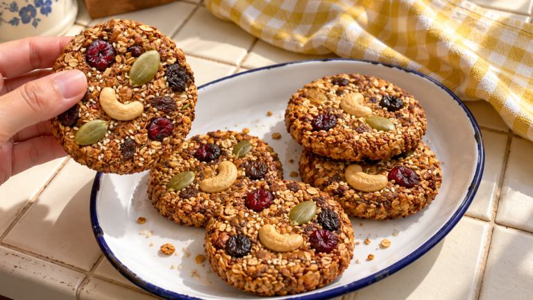 Biscotti all’avena, semi e frutta essiccata: senza zuccheri aggiunti, senza farina, 15 minuti di preparazione!